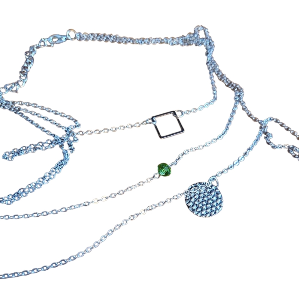 2 For $20! 3 Layer Silver Necklace with Green Accent